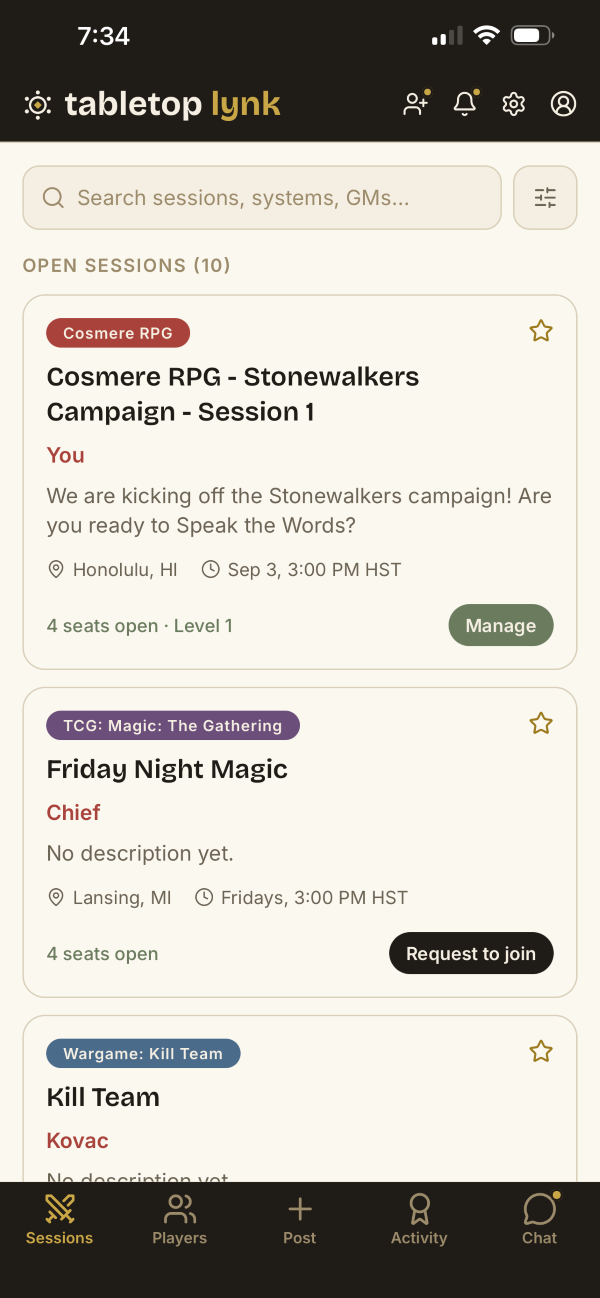 The Tabletop Lynk sessions feed, showing nearby games looking for players.