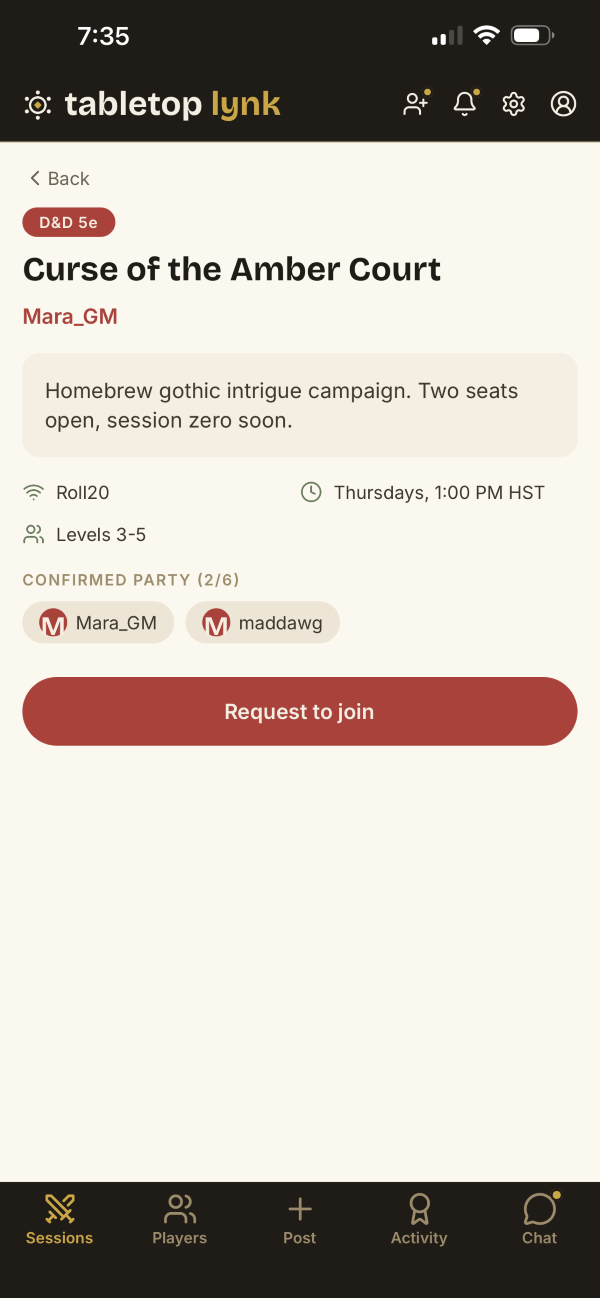 A game listing in Tabletop Lynk, showing the system, schedule, and open seats.